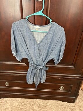 Trina Turk Blue Chambray Wrap Top with Tie Waist